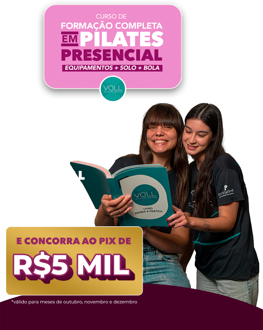 Curso de Formação Completa em Pilates Presencial com equipamentos, solo e bola e promoção PIX de R$ 5 mil